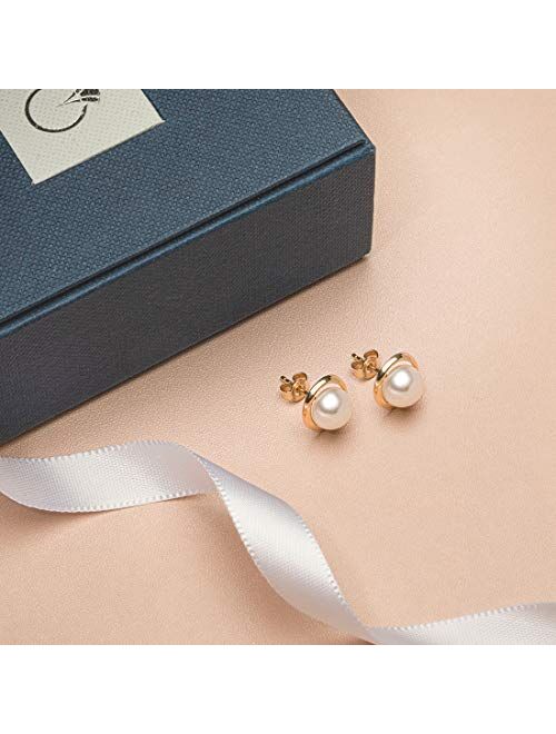 Peora Freshwater Cultured White Pearl Stud Earrings in 14K Yellow Gold, Round Button Shape, 7mm Swirl Solitaire, Friction Backs