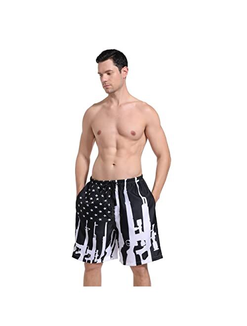 SARA NELL Mens American Fashion Breathable Beach Board Shorts Gun Design American Flag Swim Trunks Quick Dry