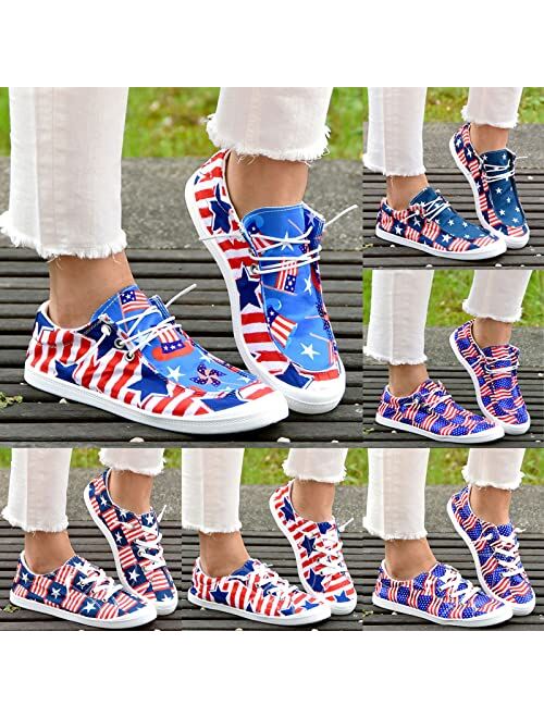 Gumipy Women's Lace-Up Loafers 4th of July American Flag Print Fashion Sneaker Independence Day Lightweight Canvas Shoes