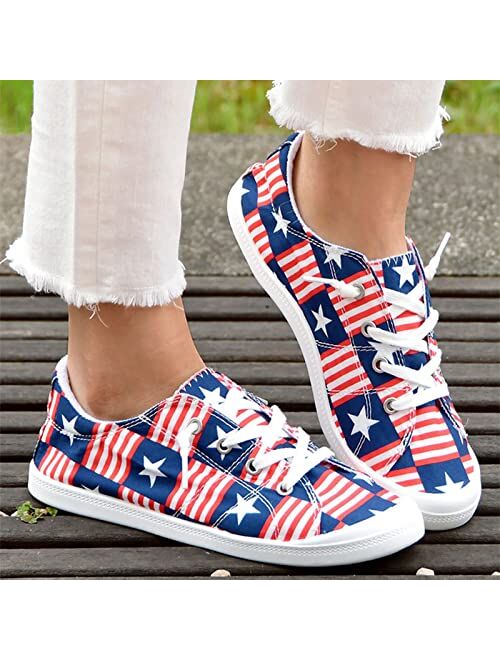 Gumipy Women's Lace-Up Loafers 4th of July American Flag Print Fashion Sneaker Independence Day Lightweight Canvas Shoes