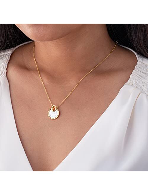 Peora Yellow-Tone 925 Sterling Silver White Mother of Pearl Circle Pendant Necklace for Women with 17 inch Chain + 3 inch extender, Hypoallergenic Fine Jewelry