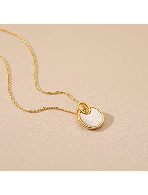 Peora Yellow-Tone 925 Sterling Silver White Mother of Pearl Circle Pendant Necklace for Women with 17 inch Chain + 3 inch extender, Hypoallergenic Fine Jewelry