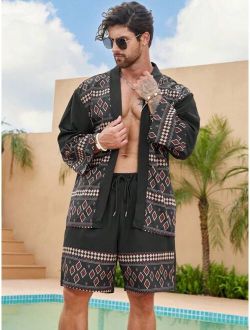 Extended Sizes Men Geo Print Kimono & Drawstring Waist Shorts