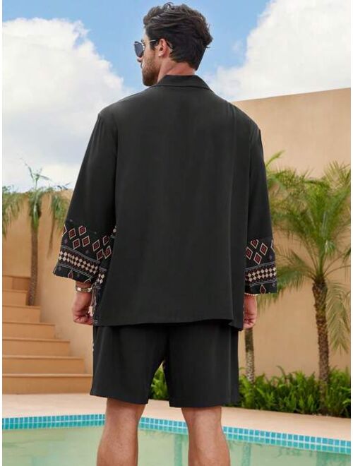 Shein Extended Sizes Men Geo Print Kimono & Drawstring Waist Shorts