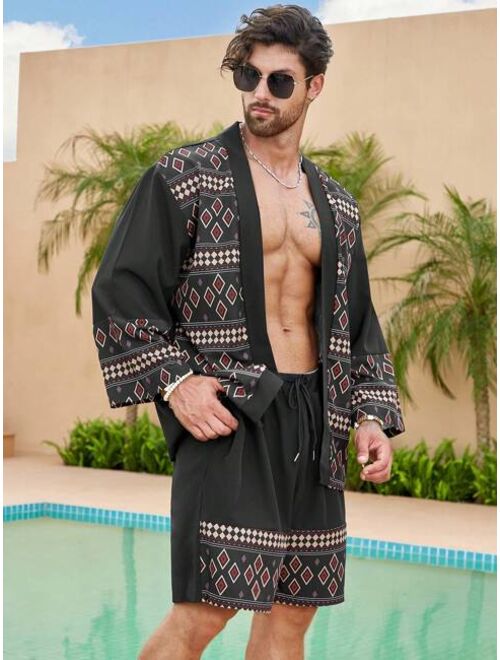 Shein Extended Sizes Men Geo Print Kimono & Drawstring Waist Shorts