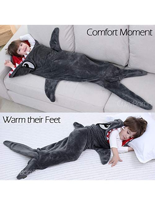 CozyBomB Shark Tails Animal Blanket for Kids - Cozy Smooth One Piece Design - Durable Seamless Plush Throw Enlarged Size Gray Sleeping Bag with Blankie Fun Fin - Boys and