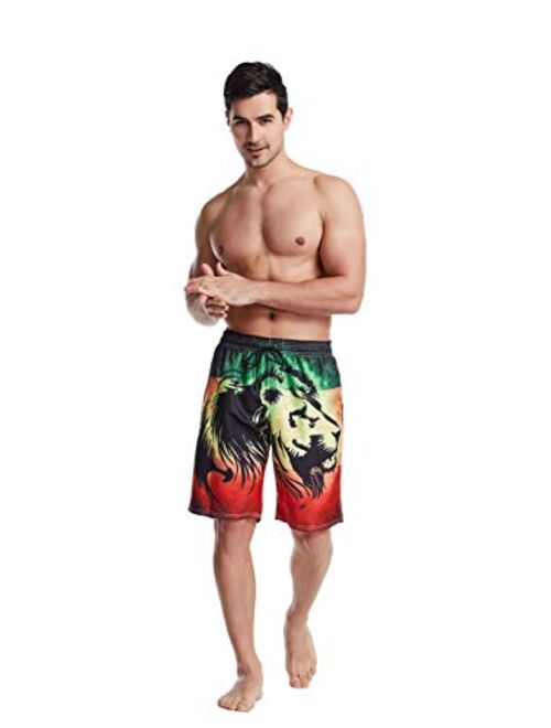Jist Zovi Jamaican Lion Flag Men's Summer Surf Swim Trunks Beach Shorts Pants Quick Dry with Mesh Lining and Pockets