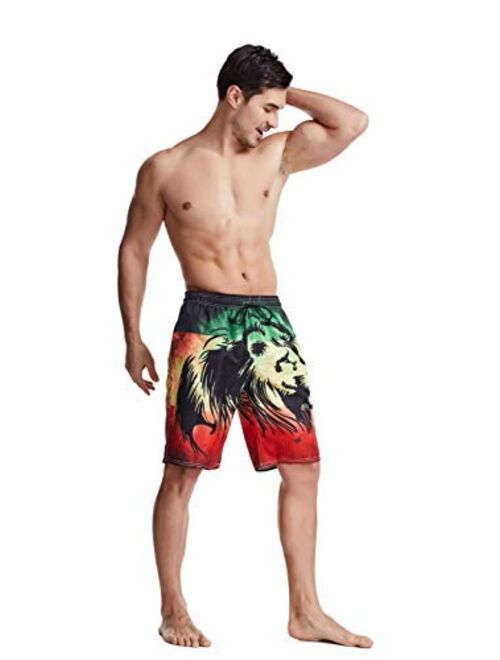 Jist Zovi Jamaican Lion Flag Men's Summer Surf Swim Trunks Beach Shorts Pants Quick Dry with Mesh Lining and Pockets