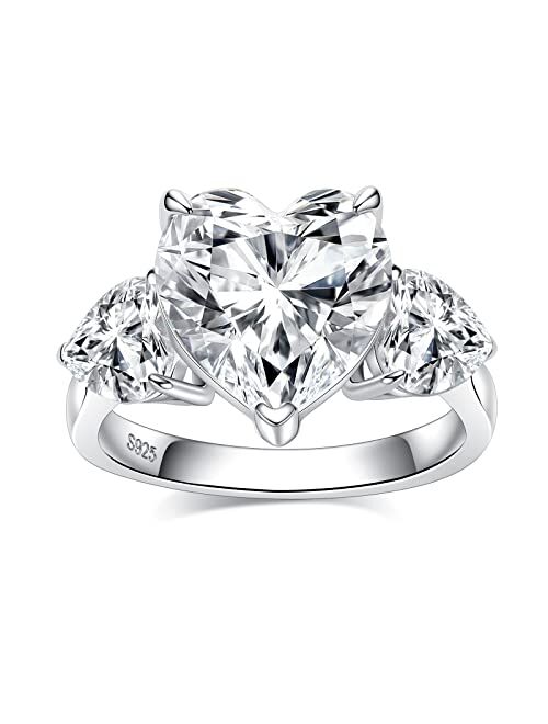 Gobaalele 6.6cttw Heart Shape Engagement Ring | Angel Wings Three Stones Anniversary Ring | 5ct 5A Grade Cubic Zirconia Simulated Diamond Promise Ring in White Gold Plate