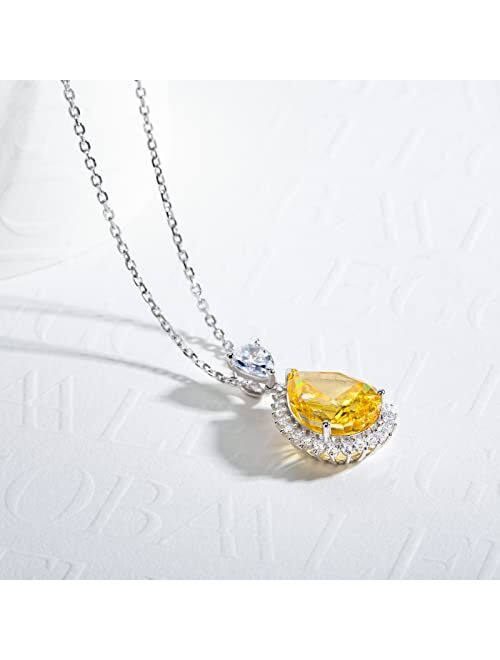 Gobaalele Pear Cubic Zirconia Pendant Necklace,9CT Yellow Halo CZ Simulated Diamond Citrine 925 Sterling Silver Teardrop Necklace for Women