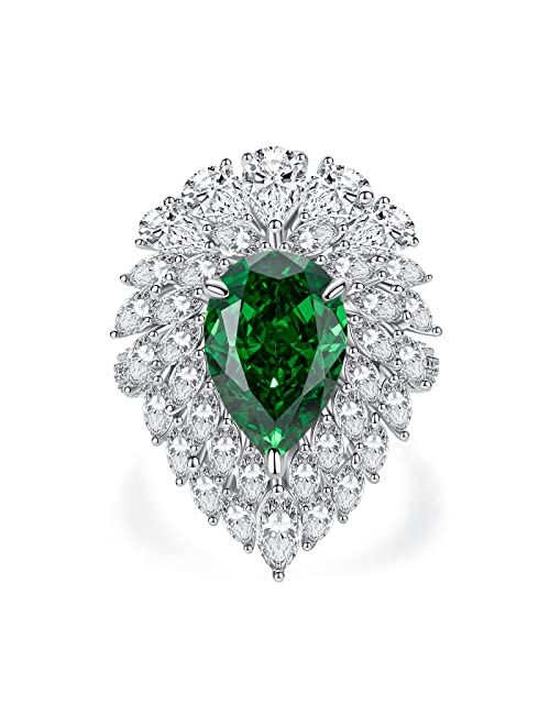 Gobaalele 10.52cttwForest in DownpourCocktail Ring | Pear-Cut 5A Grade Cubic Zirconia Statement Ring | 5.0 carat Simulated Emerald Teardrop Ring | White Gold Plated 925 S