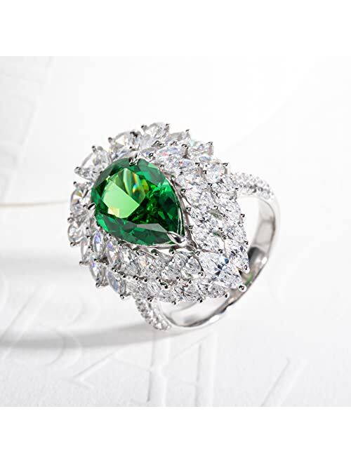 Gobaalele 10.52cttwForest in DownpourCocktail Ring | Pear-Cut 5A Grade Cubic Zirconia Statement Ring | 5.0 carat Simulated Emerald Teardrop Ring | White Gold Plated 925 S