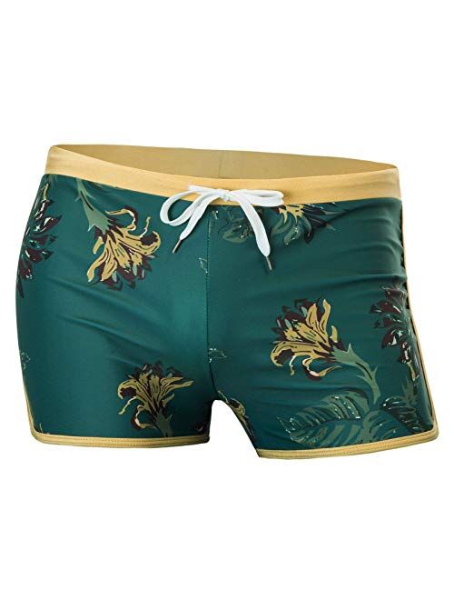 PJ PAUL JONES Men's 50s Vintage Tropical Print Swim Brief Square Leg Contrast Swimwear Swimsuit
