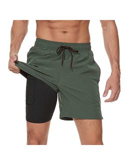Arcweg Mens Swim Trunks with Compression Liner 2 in 1 Beach Swimming Trunks Quick Dry Swim Shorts with Zipper Pockets