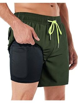 AGOBUHE Mens Swim Trunks Swim Shorts with Compression Liner Quick Dry Swim Shorts with Mesh Lining Pockets