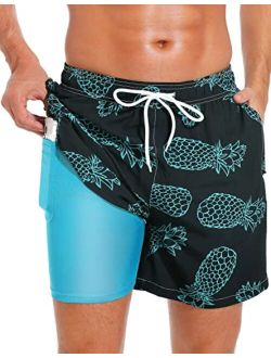 SILKWORLD Mens Swimming Trunks with Compression Liner Quick Dry 5 inch Swim Shorts with Zipper Pockets