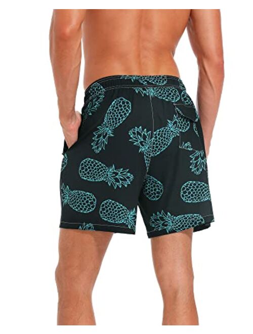 SILKWORLD Mens Swimming Trunks with Compression Liner Quick Dry 5 inch Swim Shorts with Zipper Pockets