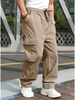 Men Flap Pocket Side Drawstring Waist Cargo Pants