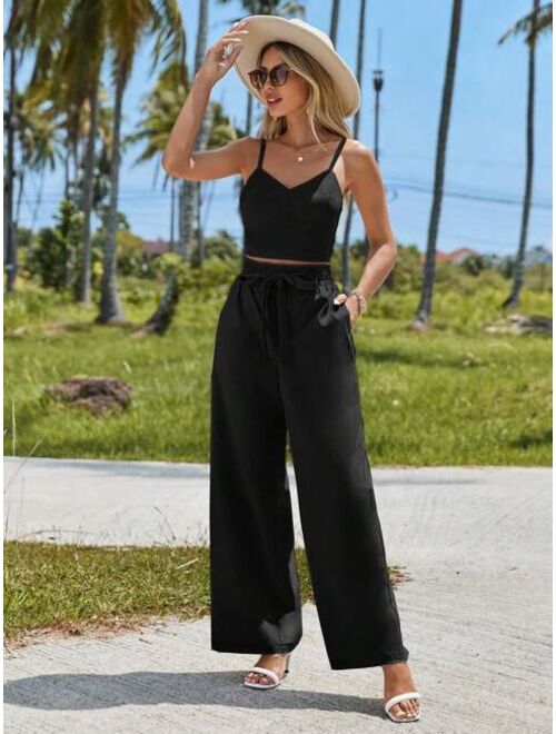 SHEIN Solid Cami Top & Wide Leg Pants