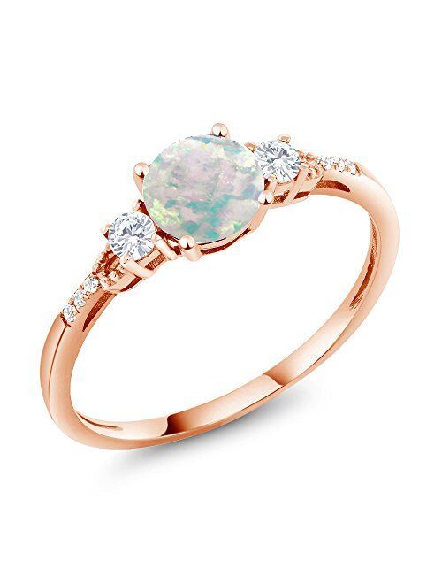 Gem Stone King 10K Rose Gold Cabochon White Simulated Opal White Created Sapphire Engagement Ring For Women (0.89 Cttw, Available In Size 5, 6, 7, 8, 9)