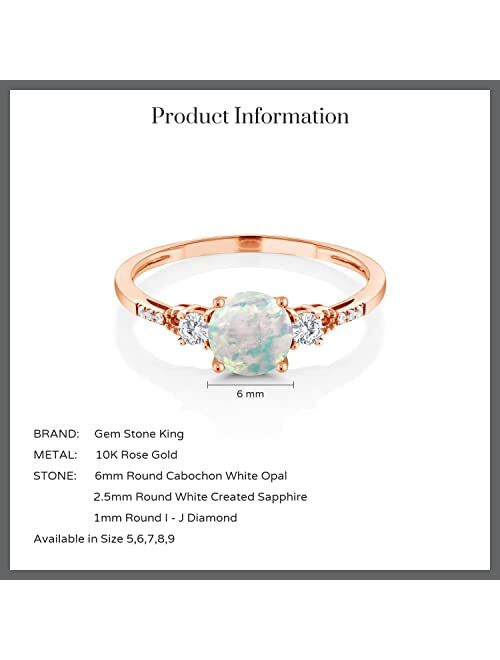 Gem Stone King 10K Rose Gold Cabochon White Simulated Opal White Created Sapphire Engagement Ring For Women (0.89 Cttw, Available In Size 5, 6, 7, 8, 9)