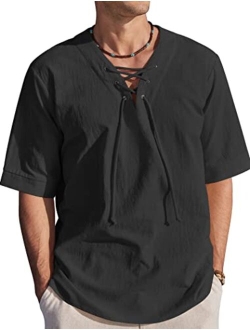 Men Cotton Linen Shirts Lace Up Short Sleeve Beach Shirts V Neck Hippie Yoga Boho Renaissance Tunic