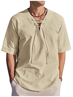 Men Cotton Linen Shirts Lace Up Short Sleeve Beach Shirts V Neck Hippie Yoga Boho Renaissance Tunic