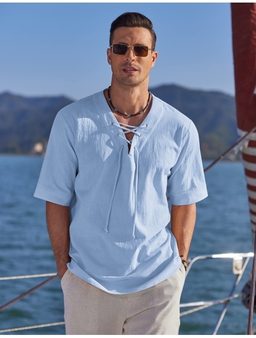 COOFANDY Men Cotton Linen Shirts Lace Up Short Sleeve Beach Shirts V Neck Hippie Yoga Boho Renaissance Tunic