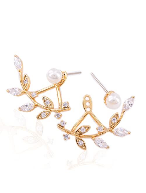 Choice By Choi Crystal Ear Jacket Earrings Front and Back Earring Pearl Stud Earring For Women Leaf cubic zirconia Ear jewelry Gift For Women Gold Plated Pearl Jewelry