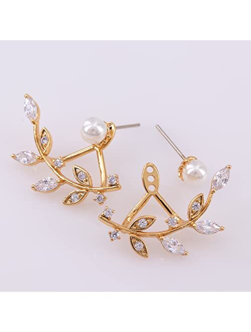Choice By Choi Crystal Ear Jacket Earrings Front and Back Earring Pearl Stud Earring For Women Leaf cubic zirconia Ear jewelry Gift For Women Gold Plated Pearl Jewelry