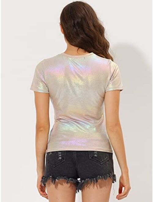 Allegra K Women's Party Metallic Textured Short Sleeve Shiny Multicolor Top