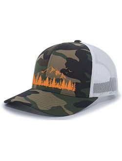 Mountain Scene Tamarak Pine Forest Embroidered Mesh Back Trucker Hat