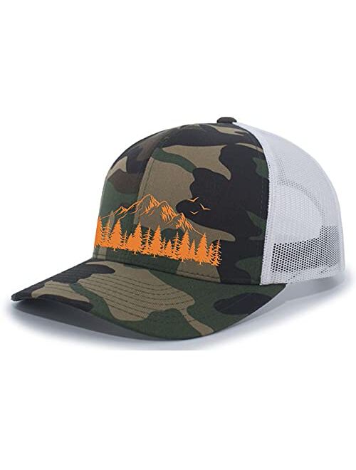Heritage Pride Mountain Scene Tamarak Pine Forest Embroidered Mesh Back Trucker Hat