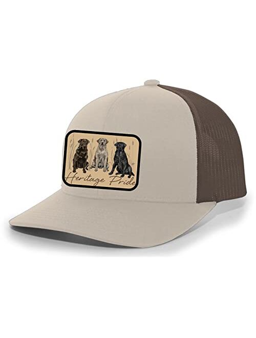 Heritage Pride Canine Collection Three Labs Labrador Retriever Mens Embroidered Mesh Back Trucker Hat, Khaki/Brown