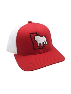Georgia State Outline with Bulldog Embroidered Trucker Hat, Red/White