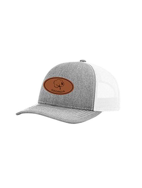 Heritage Pride Laser Engraved Leather Patch Georgia Cotton Boll Southern Men's Mesh Back Trucker Hat, Heather Grey/White