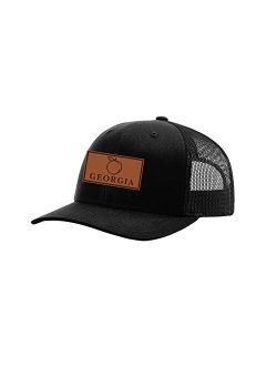 Laser Engraved Leather Patch Georgia Peach Mesh Back Trucker Hat, Black/Black