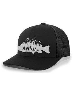 Mens Trout Fishing Hat Embroidered Fish Mountain Forest Tamarack Mens Mesh Back Trucker Hat Baseball Cap
