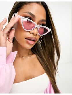 cat eye sunglasses with pearl embellishment in pale pink