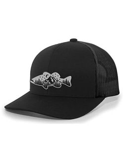 Freshwater Fish Forest Mountain Scenic Largemouth Bass Mens Embroidered Mesh Back Trucker Hat