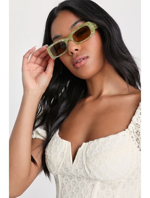Lulus Ultimate Chicness Green Marbled Small Rectangle Sunglasses