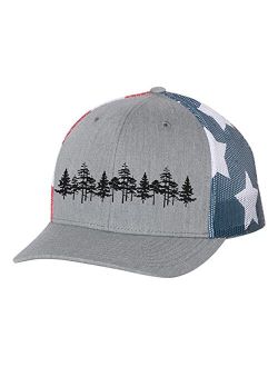 Tamarack Trees Forest Pine Woods Men's Embroidered Mesh Back Trucker Hat, Heather Grey/American Flag Mesh