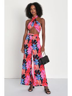 Island Aesthetic Pink Multi Floral High-Waisted Wide-Leg Pants