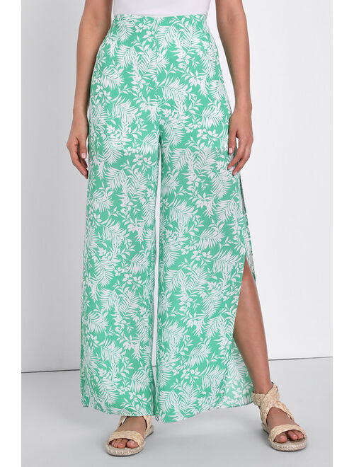Lulus Hey Vacay Green Tropical Print Wide-Leg Pants