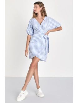 Adorable Idea Blue and White Plaid Puff Sleeve Wrap Mini Dress