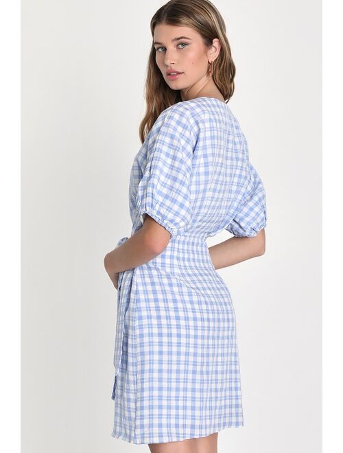 Lulus Adorable Idea Blue and White Plaid Puff Sleeve Wrap Mini Dress
