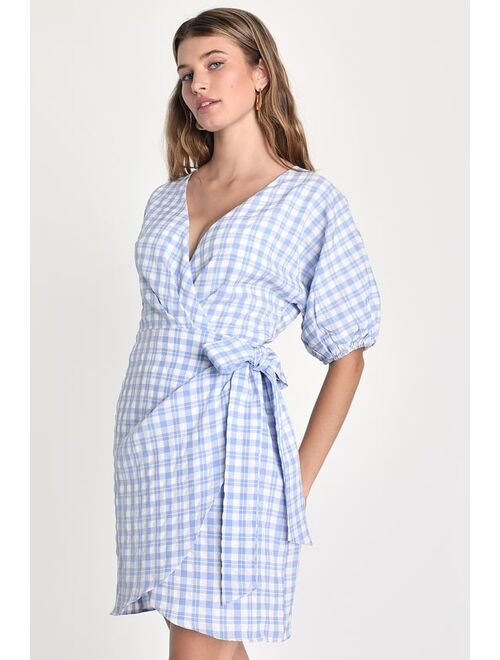 Lulus Adorable Idea Blue and White Plaid Puff Sleeve Wrap Mini Dress