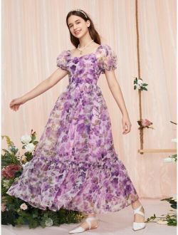 Teen Girls Allover Floral Print Puff Sleeve Ruffle Hem Organza Dress