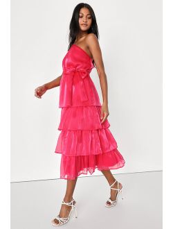 Sweetest Success Hot Pink Organza Tiered One-Shoulder Midi Dress