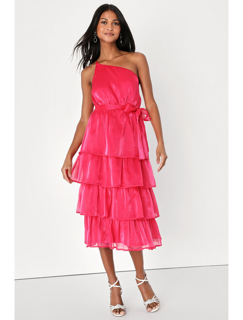 Lulus Sweetest Success Hot Pink Organza Tiered One-Shoulder Midi Dress